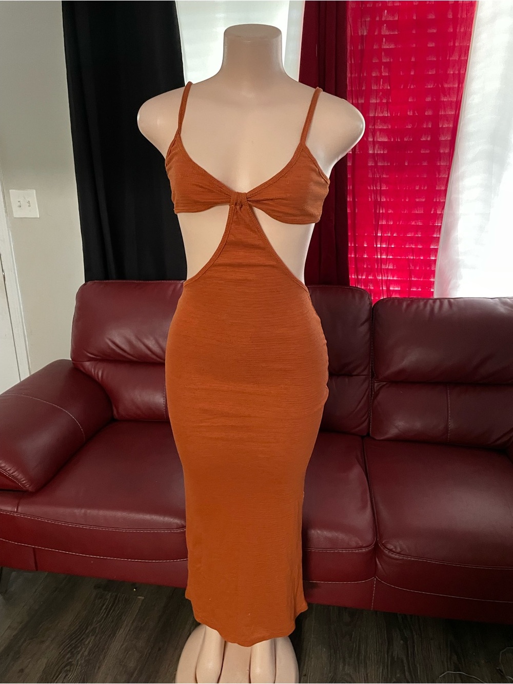 Rivir Small Cutout Midi Dress in Rust Orange - Women's Sleeveless Bodycon vaca
